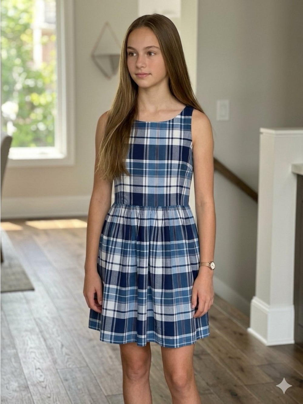 POLO RALPH LAUREN Navy Blue White Plaid Sleeveless Girls Teen Youth Dress Sz 16